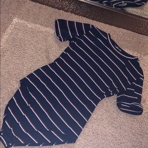 Navy blue bodysuit with red and white stripes